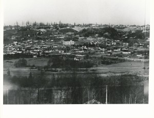 One of the photos that make up the panorama. Taken from the top of Queen Anne Hill. The large light-colored building is Ross Elementary School at 3rd NW and NW 43rd Street. See 3rd NW to the left of the building. The site is now Ross Park and where the school building was located is now a Little League baseball field. Photo courtesy of the U.S. Army Corps of Engineers